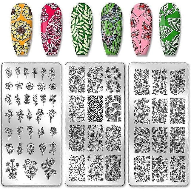 PH PandaHall 3PCS Nail Stamping Plates Nail Stencils Plant Print Nail Stamper Stainless Steel Nail Image Plates Flowers Leaf Nail Stamp Tool for Print