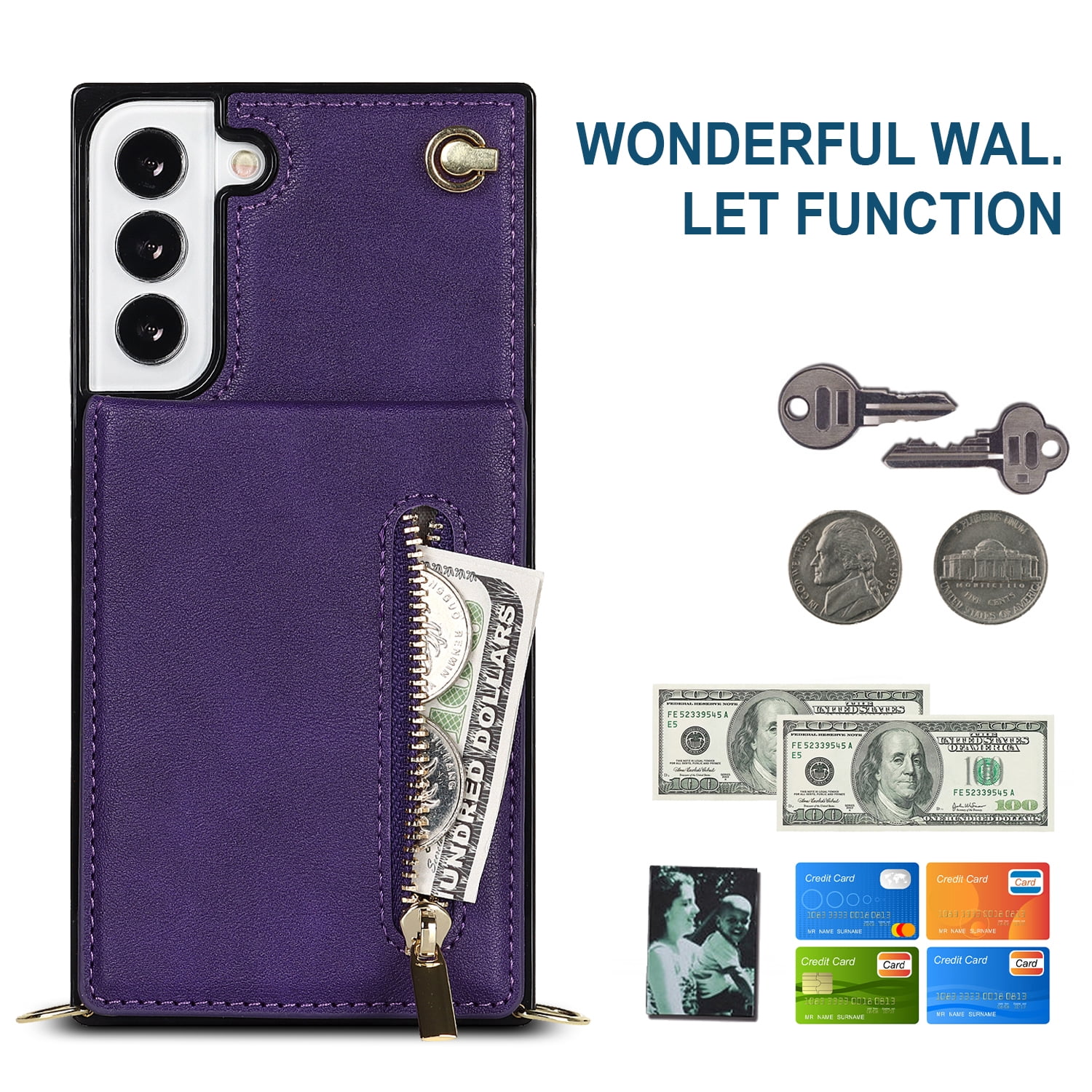 Dteck Flip Leather Wallet Case for Samsung Galaxy S24 Plus, Crossbody Wallet Case with Credit Card Holder Zipper Pocket Lanyard Shoulder Strap, Kickstand Phone Cover for Samsung S24 Plus,Purple