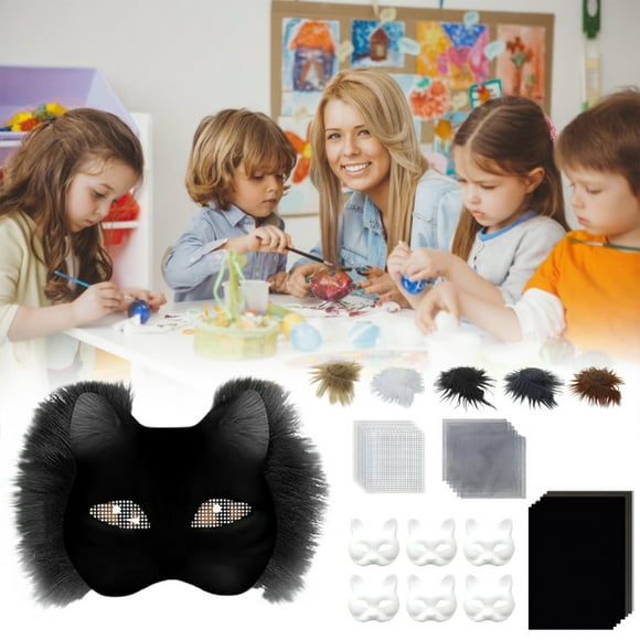 Kit para Hacer Máscaras de Gatos | Máscara de Gato En Blanco de Tela Sintética y Malla Plástica | Ideal para Halloween, Cosplay, Fiestas y Decoración Navideña | Fácil de Usar | Manualidad para Niños