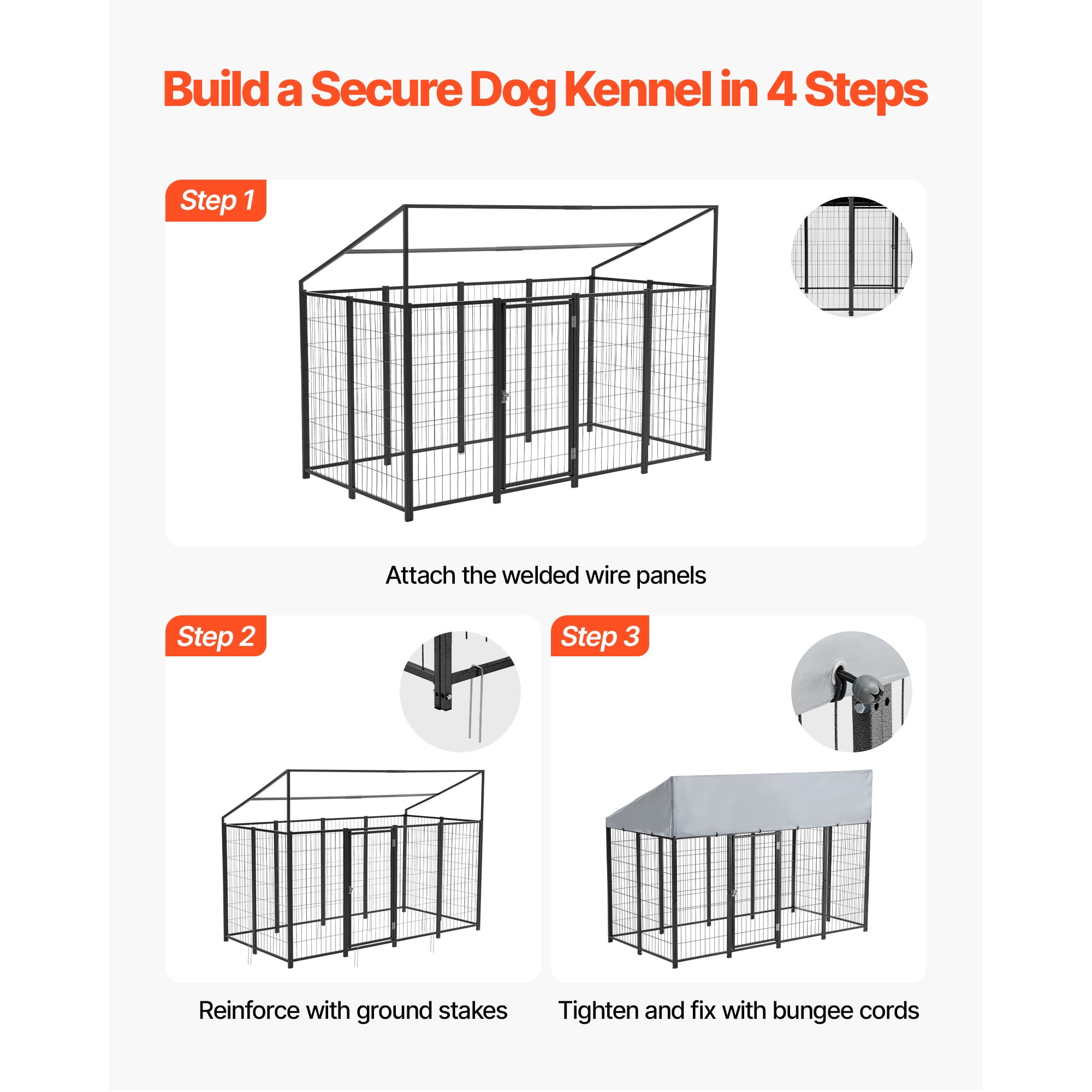 KFFKFF Outdoor Dog Kennel, 7.87 x 3.94 x 5.4 ft Spacious Pet Enclosure with Secure Lock, Weather-Resistant Roof Cover, Durable Metal Cage for Large Dogs