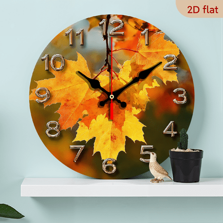 2D Flat 1pc 10Inch Wooden 1pc Autumn Maple Leaves Wall Clock - Silent Non-Ticking Modern Minimalist Round Clock with Golden Hands Black Numerals, Golden-Yellow to Brown Fall Foliage Design