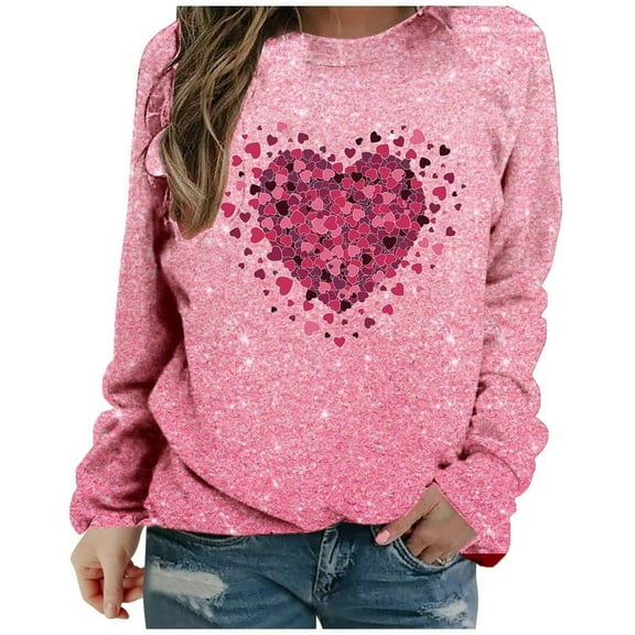 Deals Of The Day Clearance Oversized Crewneck Sweatshirt Women Women's Spring Autumn And Summer Love Printed Bright Glitter Hoodless Long Sleeve Loose Round Neck Daily Hundred Sweatshirt