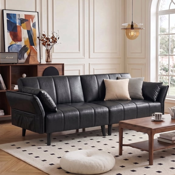 83" Faux Leather Sofa,Mid Century Modern Convertible Futon Sofa Bed with Adjustable Armrest and Backrest,2 Pillows for Living Room,Office,Black