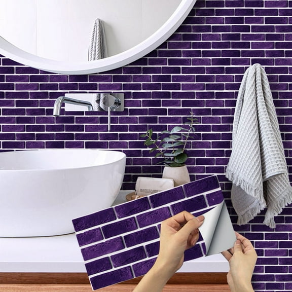 12 Sheets Tile Stickers Decals 6" x 12" Mosaic Purple Bricks Tiles Wall Decorative Vinyl Peel and Stick for Kitchen Bathroom