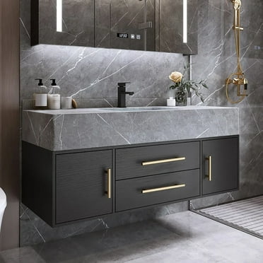 Homary Modern 39" Floating Black Bathroom Vanity Stone Top Wall Mounted Bathroom Cabinet