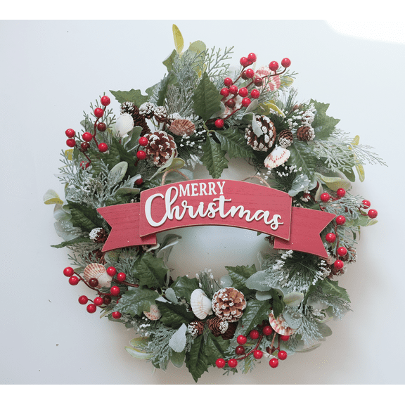 Christmas Wreaths for Front Door, 22 Inch Large Outdoor Christmas Wreath with Berries Velvet Bow, Winter Artificial Cypress Wreath Xmas Wreath for Indoor Window Wall Fireplace Holiday Decor