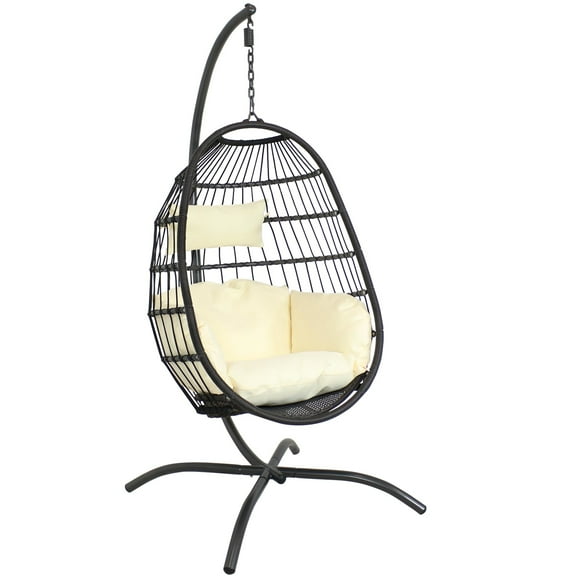 Sunnydaze Penelope Resin Wicker Egg Hanging Chair with Cushions and Stand, Cream