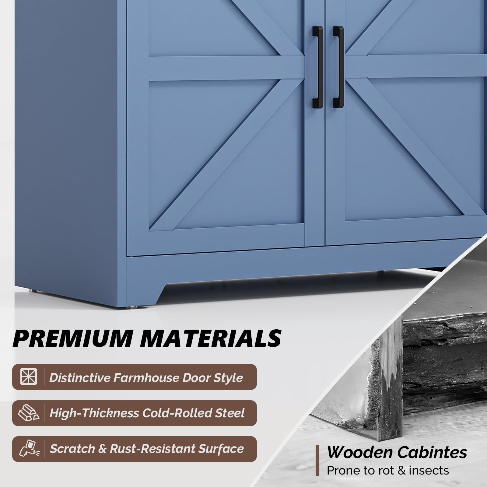 3-Tier Barn Door Display Case, 69.7x31.5x15.4 Inches, Steel Display Case With Vintage Blue And Contrasting Wood Grain
