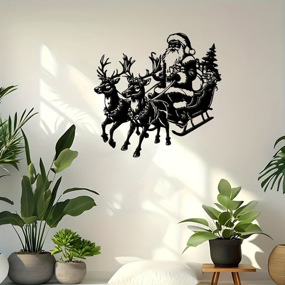 Black Metal Wall Decorations Featuring Santa Claus, Reindeer Sleigh and Pine Trees Iron Sign Christmas Decorations Outdoor Wall Art Suitable for Christmas New Year's and Birthday