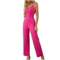 thumbnail image 5 of AJTQTH Women Stylish Jumpsuit Spaghetti Straps Deep V-Neck Backless Romper High-Waisted Slim Fit Bodysuit Solid Straight-Leg Loose Overalls Hot Pink L, 5 of 7