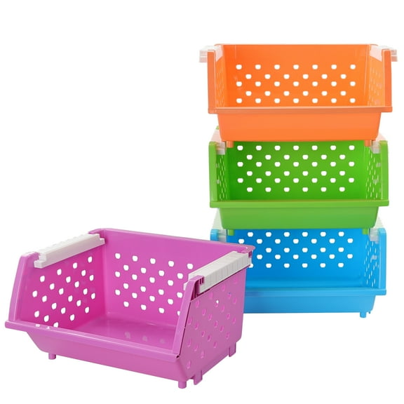 Cand 4 Packs Colored Stackable Storage Baskets, Large Plastic Stacking Bin