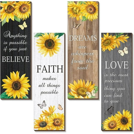 4 Pcs Sunflower Wall Decor Inspirational Sunflower Kitchen Decor and Accessories Wooden Rustic Farmhouse Yellow Flowers Wall Art Decoration for Home Bathroom Office Living Room(3.5x11.4 In)