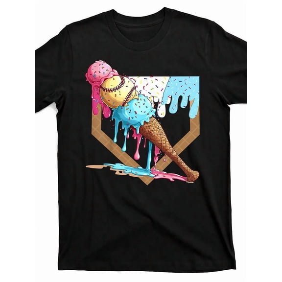 Baseball Ice Cream Dripping Baseball Home Plate Drip Design Street Trending Style Casual Tee Men'S Comfortable Cotton Round Neck Short Sleeves T-Shirt