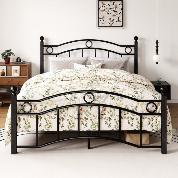 Amolife Metal Queen Bed Frame with Vintage Arched Headboard & Footboard, Heavy-Duty, 3000 LBS Capacity, 12.4" Under-Bed Storage, Black