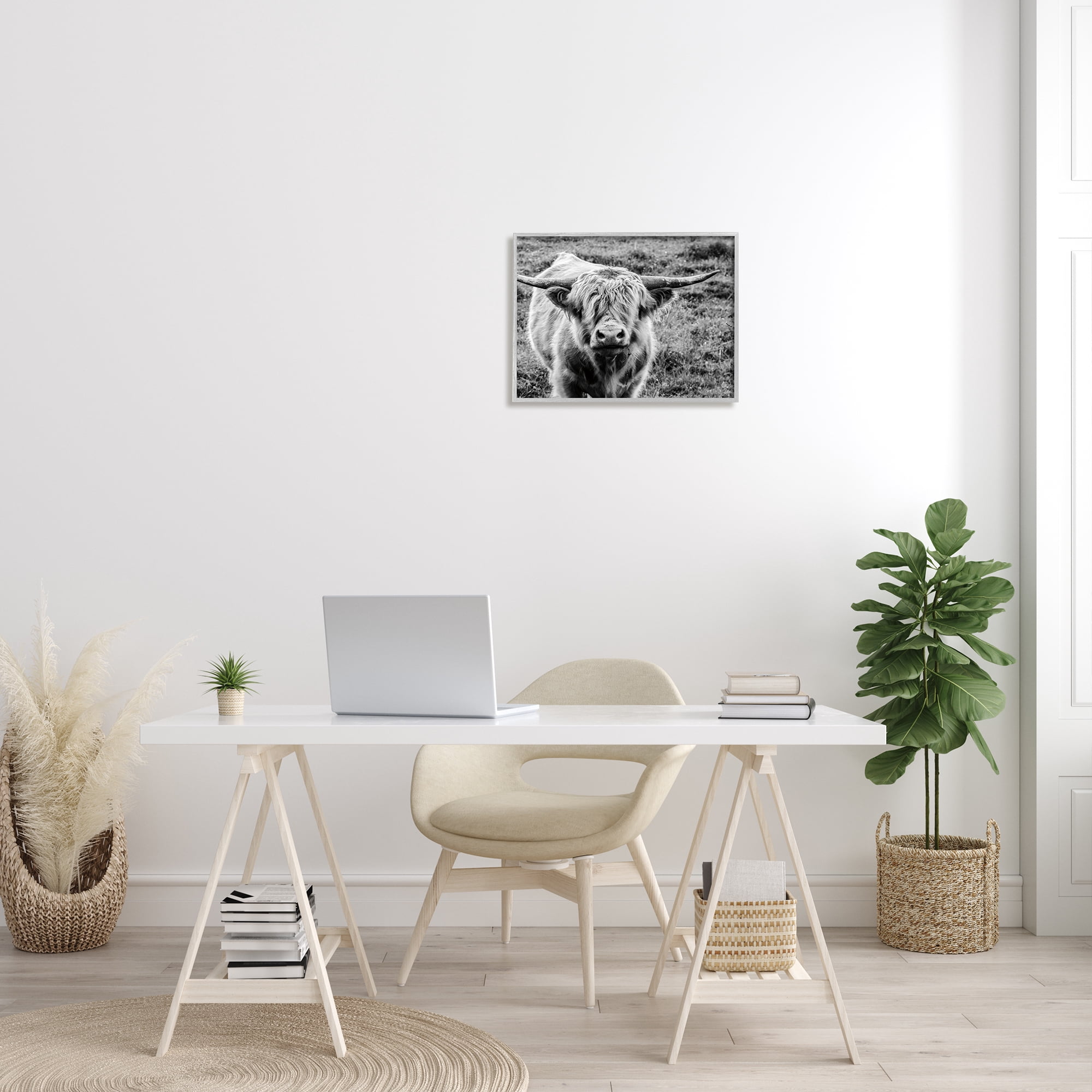 Stupell Industries Wild Country Cattle Portrait Black and White Animals & Insects Photography Gray Framed Art Print Wall Art, 16 x 20
