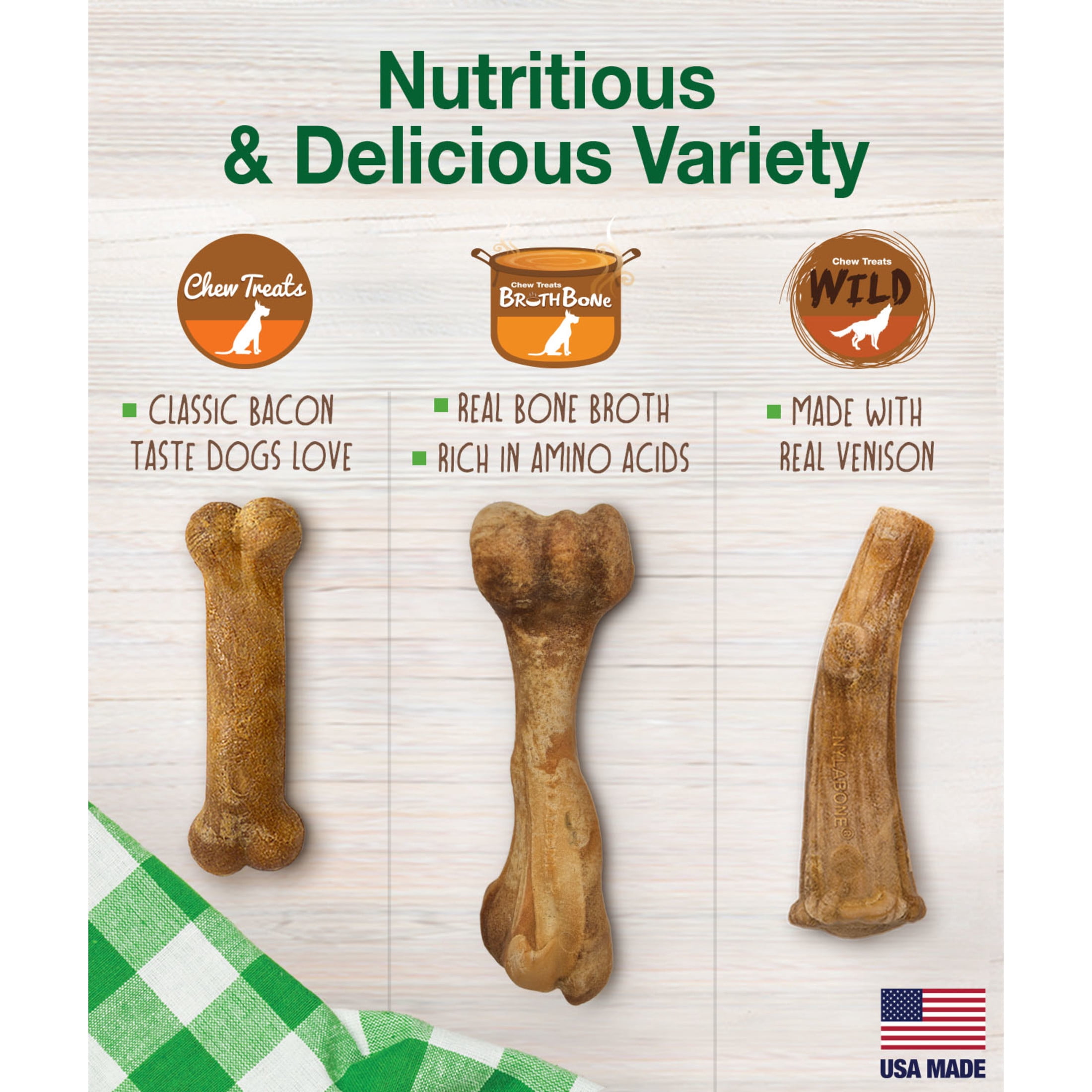 Nylabone Healthy Edibles Natural Dog Treats, Long Lasting Dog Bones, Ham, Bacon, & Venison Flavor Dog Treats, For Medium Dogs (5 Count)