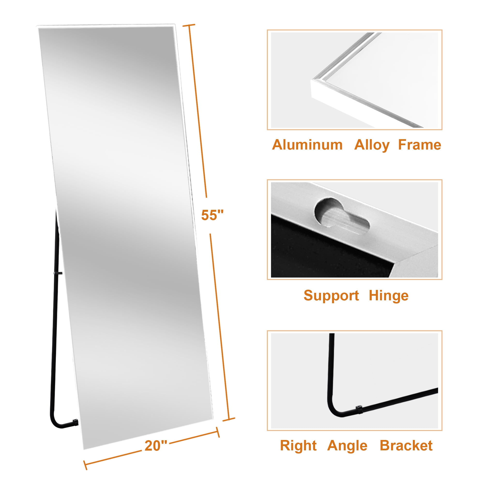 55"x20" Full Length Mirror with Stand Rectangle Floor Mirror Elegant White
