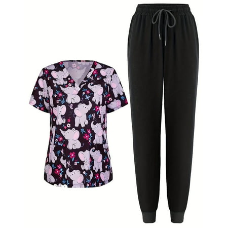 FrzhBrz Women s Scrub Sets V Neck Short Sleeve Floral Printed Tops Scrubs Jogger Pants Nurse Uniform Athletic Pocketed Nursing Workwear