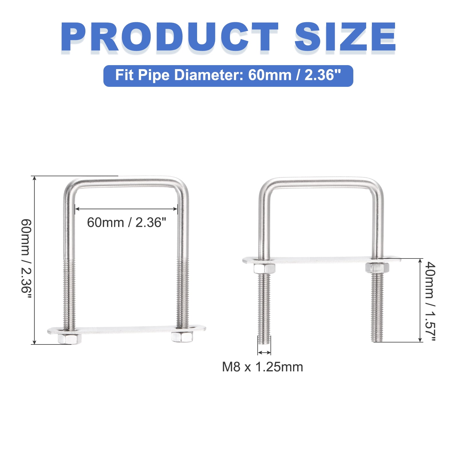 Uxcell 4 Sets M8 Square U-Bolts, 2.36" Inner Width 2.36" Length 304 Stainless Steel U Clamp Bolts with Nuts, Plates and Wrench