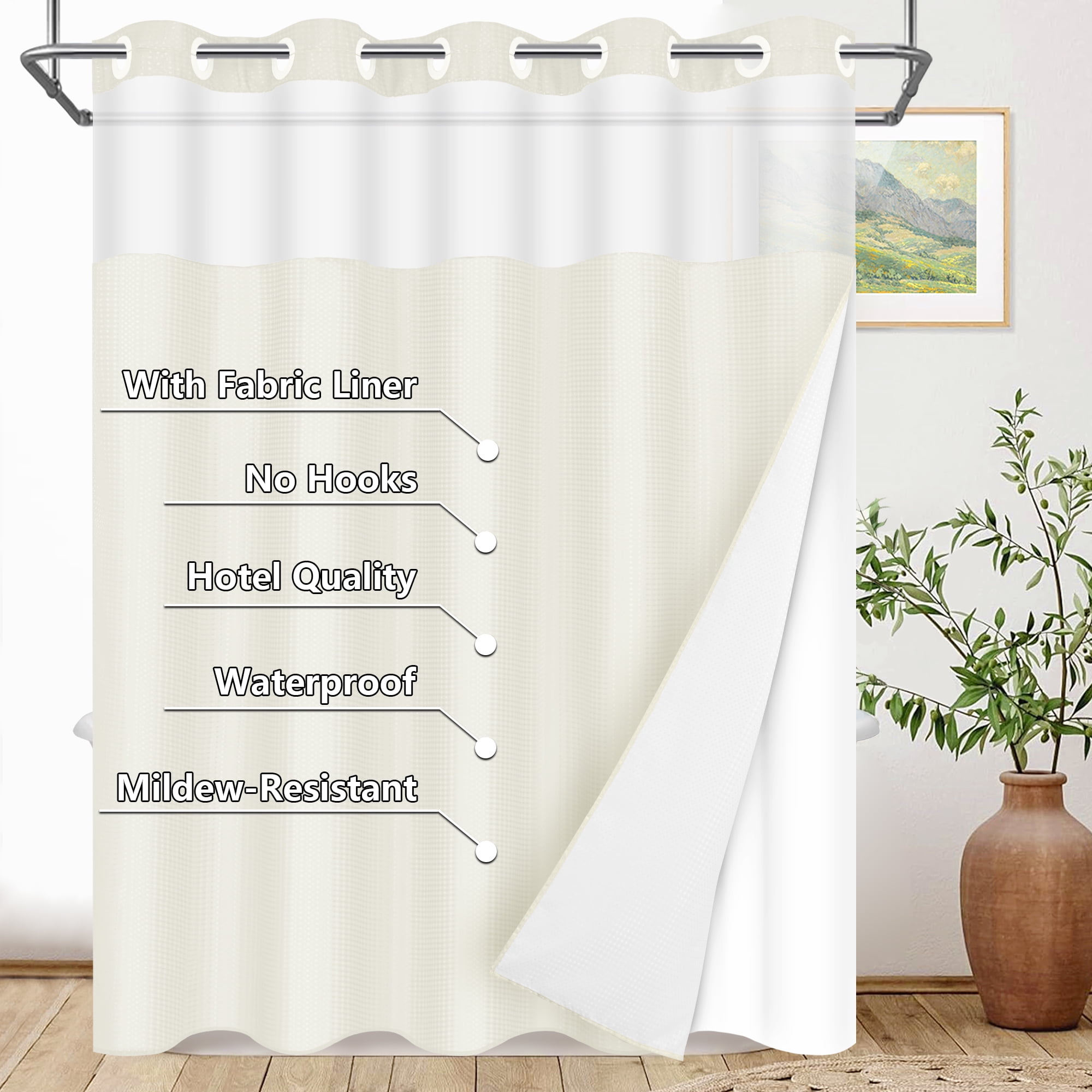 Ikfashoni Cream Hookless Shower Curtain with Snap in Liner,Waffle Weave Waterproof Fabric Mesh Window Bathroom Curtain,72"X74"
