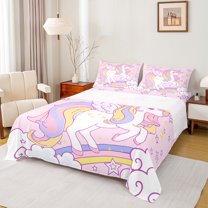 Manfei Dreamy Pink Unicorn Queen Sheet Sets, Cartoon Cloud Stars Print Flat Sheet, Fairy Tale Animal Queen Fitted Sheet, Breathable Home Decor, 4-Piece