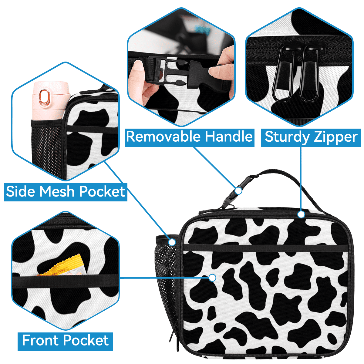 Herdesigns Black White Backpack with Lunch Box Fun Cow Print Farm Animal Lightweight Large Travel Work Laptop Backpacks Set Casual Daypacks
