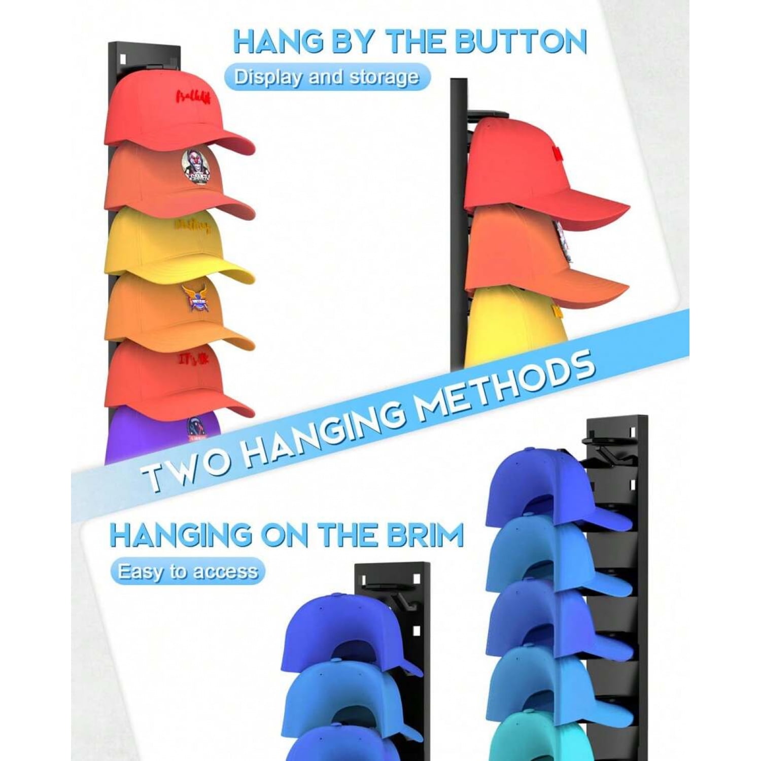 2 Pack Hat Organizer For Baseball Caps, Strong Adhesive Hat Rack For Wall, Multilayer Hat Storage Display Holder, Wall Mounted Hat Hooks Hold Up To 18 Hats For Closet Door And Bedroom (Black)