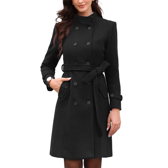 DARING DIVA Women's Double Breasted Trench Long Winter Pea Coat with Belt XS Black