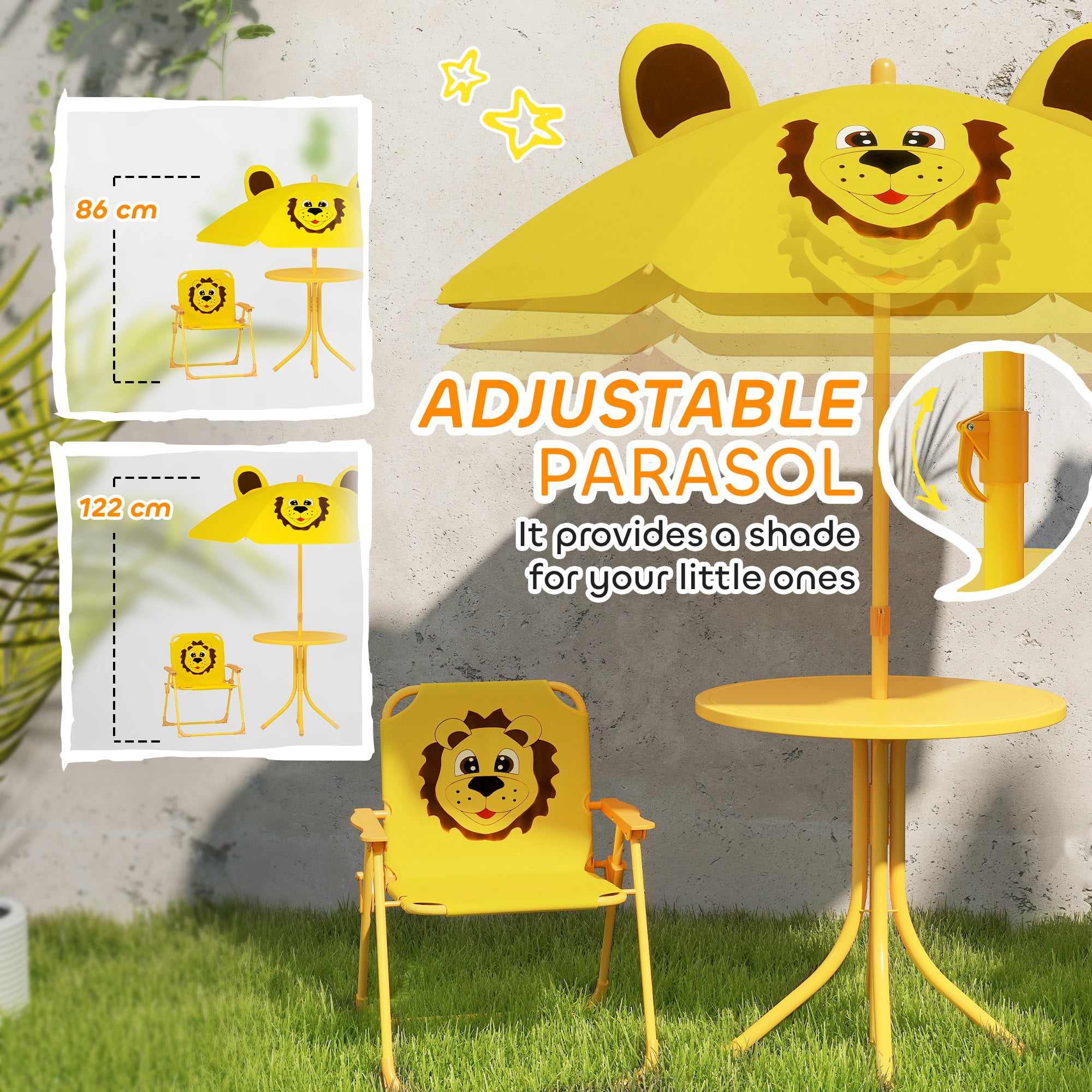 Qaba Kids Picnic Table and Chair Set, Bee Pattern Outdoor Activity Table with Foldable Chairs, Height Adjustable Umbrella for Backyard, Garden, Yellow