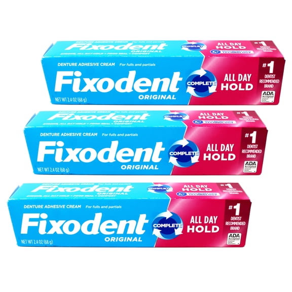Fixodent Denture Adhesive Cream Original, All Day Hold for Fulls and Partials, 2.4 oz - 3 Pack