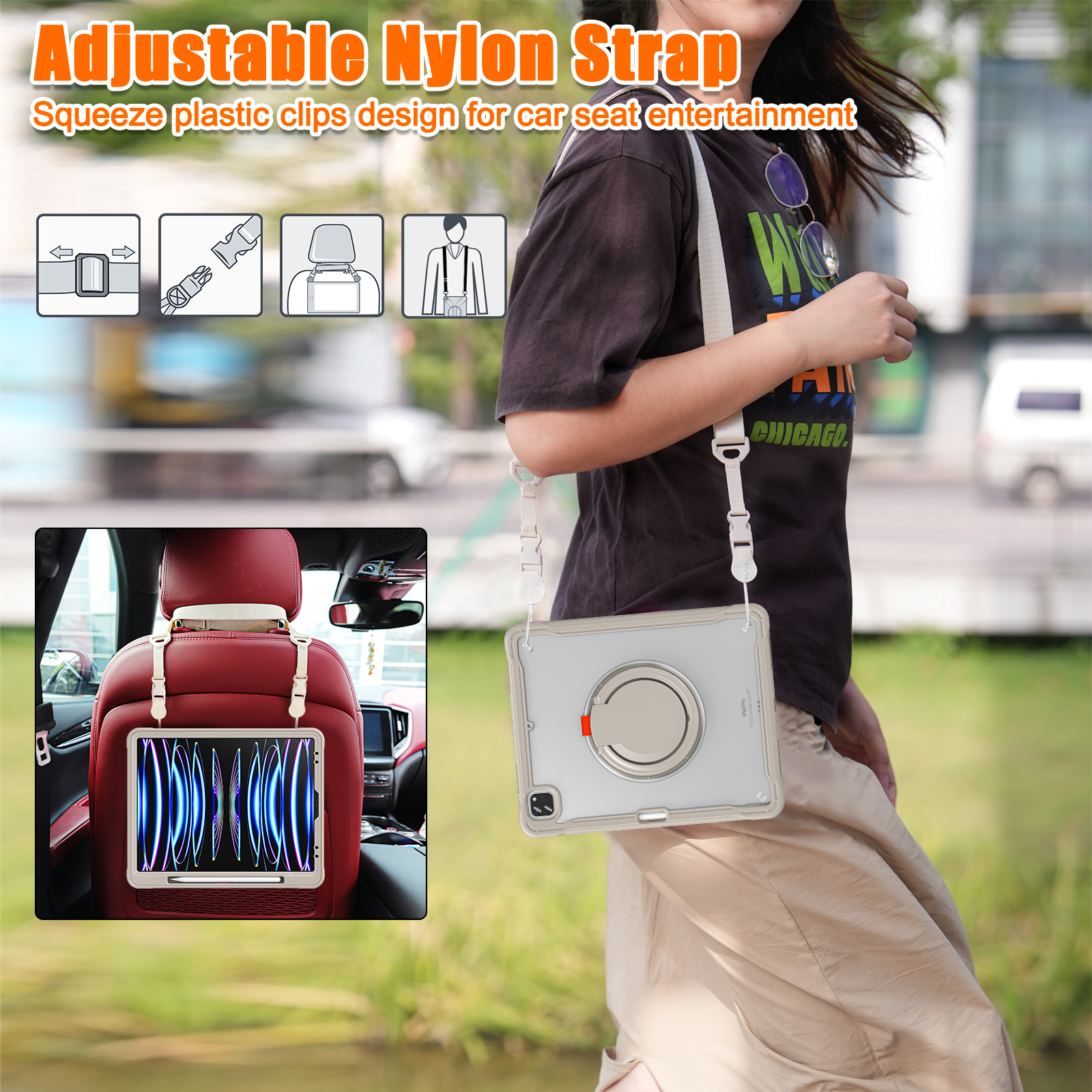 Allytecgroup Rugged Case for Apple iPad Air 13" M3 M2 2025 2024, with Pencil Holder Shoulder Strap Heavy Duty Shockproof Lightweight Rotating Multi Angle Kickstand Case Cover for iPad Air 13,Khaki