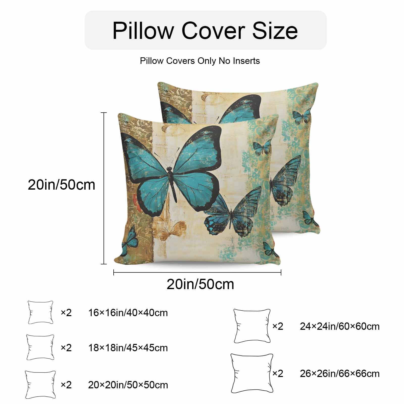 Waterproof Throw Pillow Covers Set of 2, 20x20 Inch Retro Teal Butterfly Decorative Pillowcases Outdoor Pillow Slip Cushion Covers Set for Couch Tent Summer Butterflies Vintage