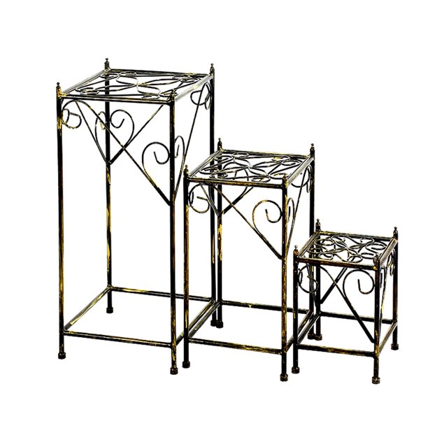 Lattice Cut Square Top Plant Stand with Tubular Legs, Set of 3, Black