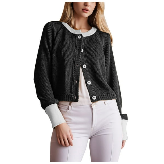 Women's Contrasting Round Neck Cardigan Knitted Sweater Single Button Up Jacket