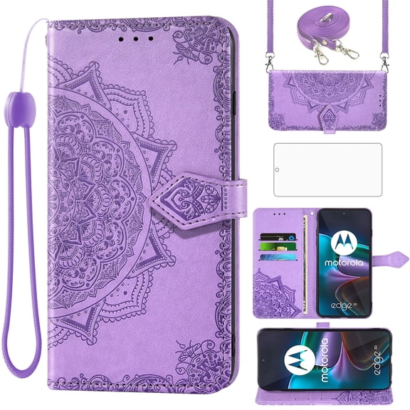 Asuwish Screen Protector Included Mandala Flower Hard Shell Wallet Cell Phone Case with Tempered Glass Screen Protector for Motorola Moto Edge 30, Purple