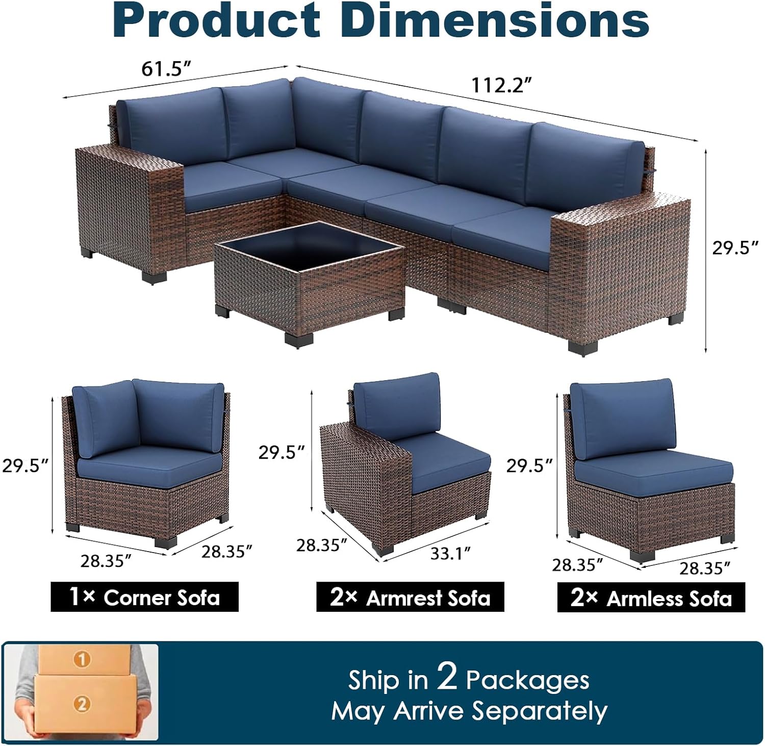 Patio Furniture Set, Ampatio 6-Piece Outdoor Sectional Sofa with Tempered Glass Table for Backyard & Porch, Wicker | Metal | Brown