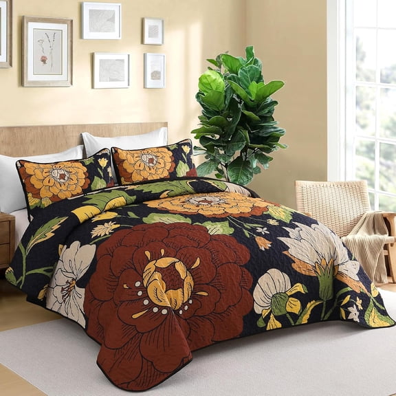 Floral Quilt Set California King Size Black Boho Bedspread Coverlet with 2 Pillowcases