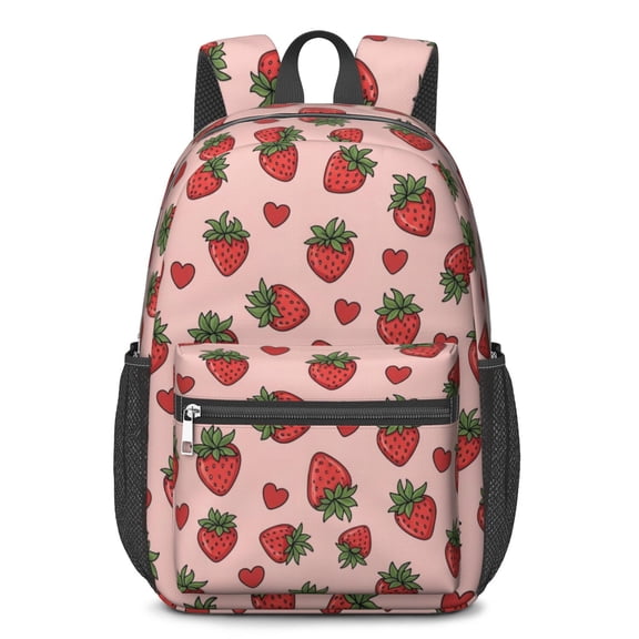 Strawberry and Heart Pink Pattern 17" Waterproof Oxford School Backpacks for Teens, S-Shape Padded Straps, for School, Travel, Hiking, Camping