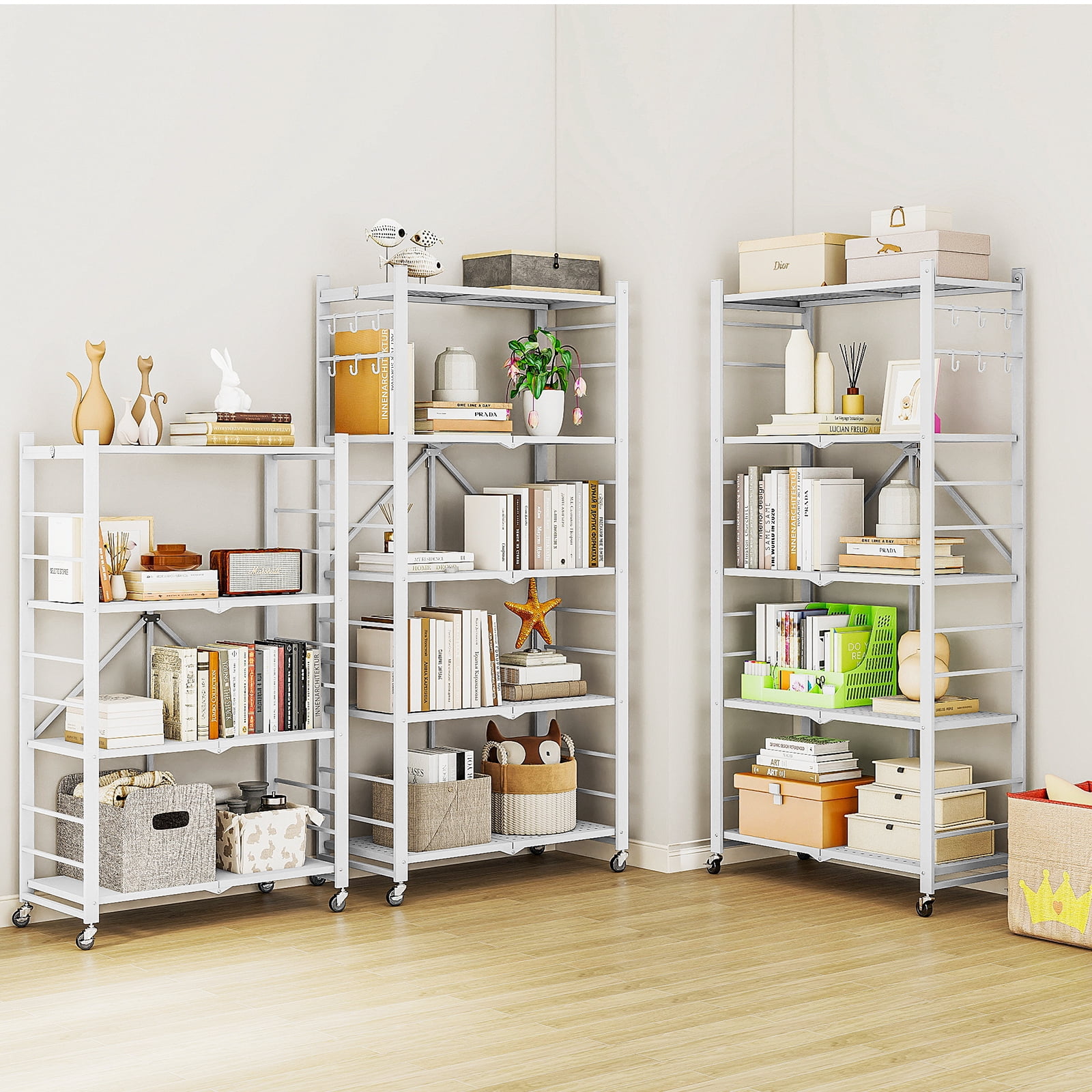 Fenbeli Storage Shelves,5-Tier Foldable Metal Wire Storage Shelf with Wheels, Heavy Duty Organizer Rack for Garage, Kitchen, Closet, White