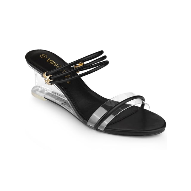 BLISSFUL STEP Sandales Compensées à Enfiler pour Femme à Talon en Verre Transparent Noir 7