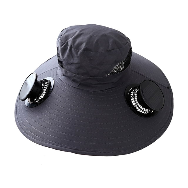 Sombrero CLLC de ala ancha con ventilador solar, sombrero de pescador de ala ancha con 2 ventiladores solares ajustables, gorra de protección solar para exteriores, carga USB (A, gris oscuro)