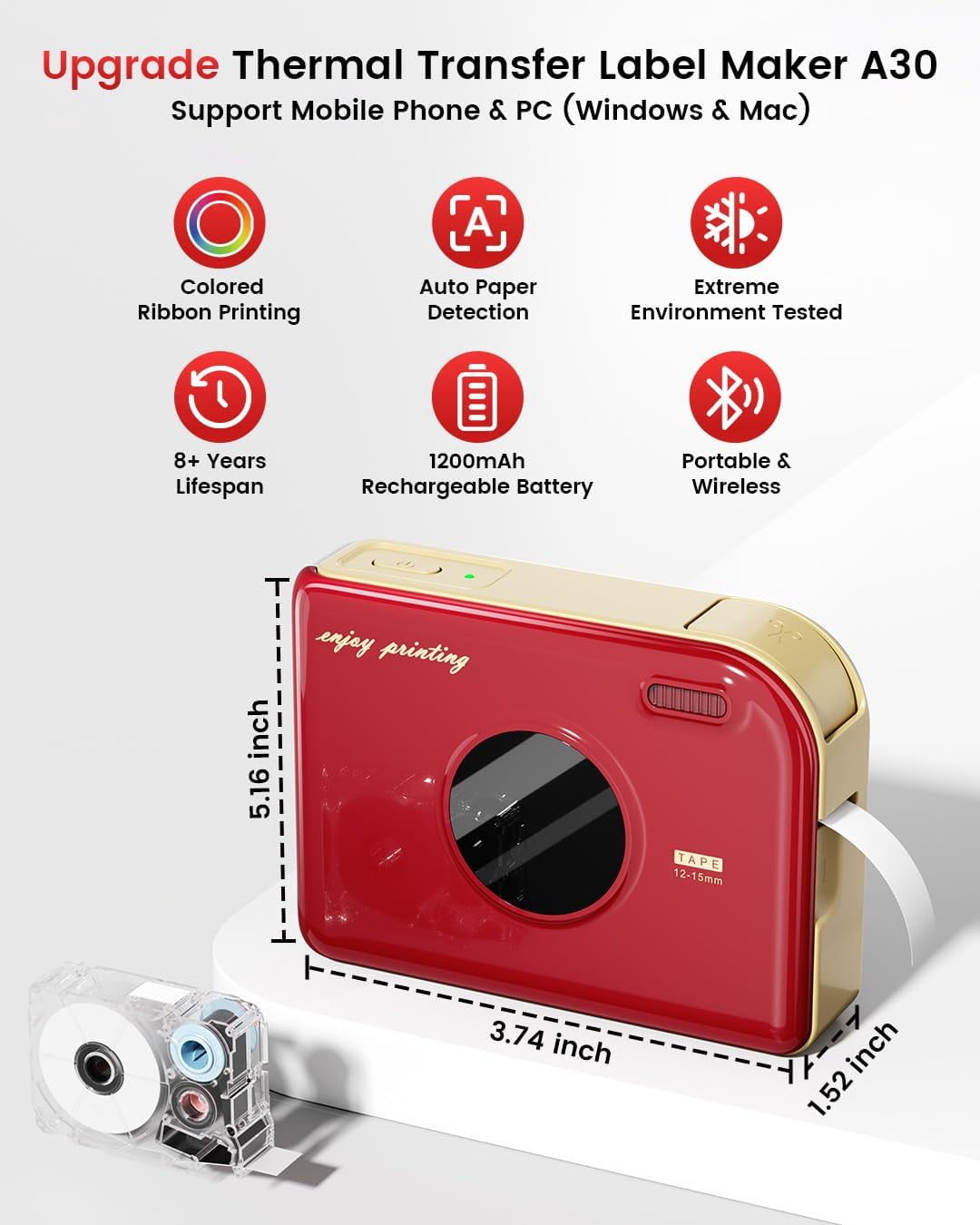 A30 Christmas Label Laker Machine, Mini Bluetooth Portabel Color Text Label Printer, Smart Thermal Transfer Printing Sticker Printer for Gift Craft Holiday Decor, Cloth Name Tags, in/Outdoor