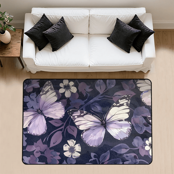 CURLYOOT Butterfly Flowers Floral Area Rug 3x5 Ft Rugs for Entryway Entrance Kitchen, Washable Non Slip Indoor Floor Carpet for Bedroom Living Room