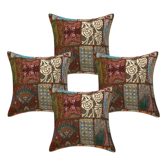 Stylo Culture Indian Cotton Decorative Throw Pillow Sham Covers Dark Brown 18x18 Bohemian Vintage Patchwork Indian Couch Cushion Covers 45 x 45 cm Home Decor Abstract Square Pillowcases | Set Of 4