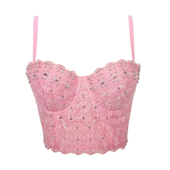 One opening Sexy Tank Embroidered Spaghetti Strap Bead Padded Crop Top
