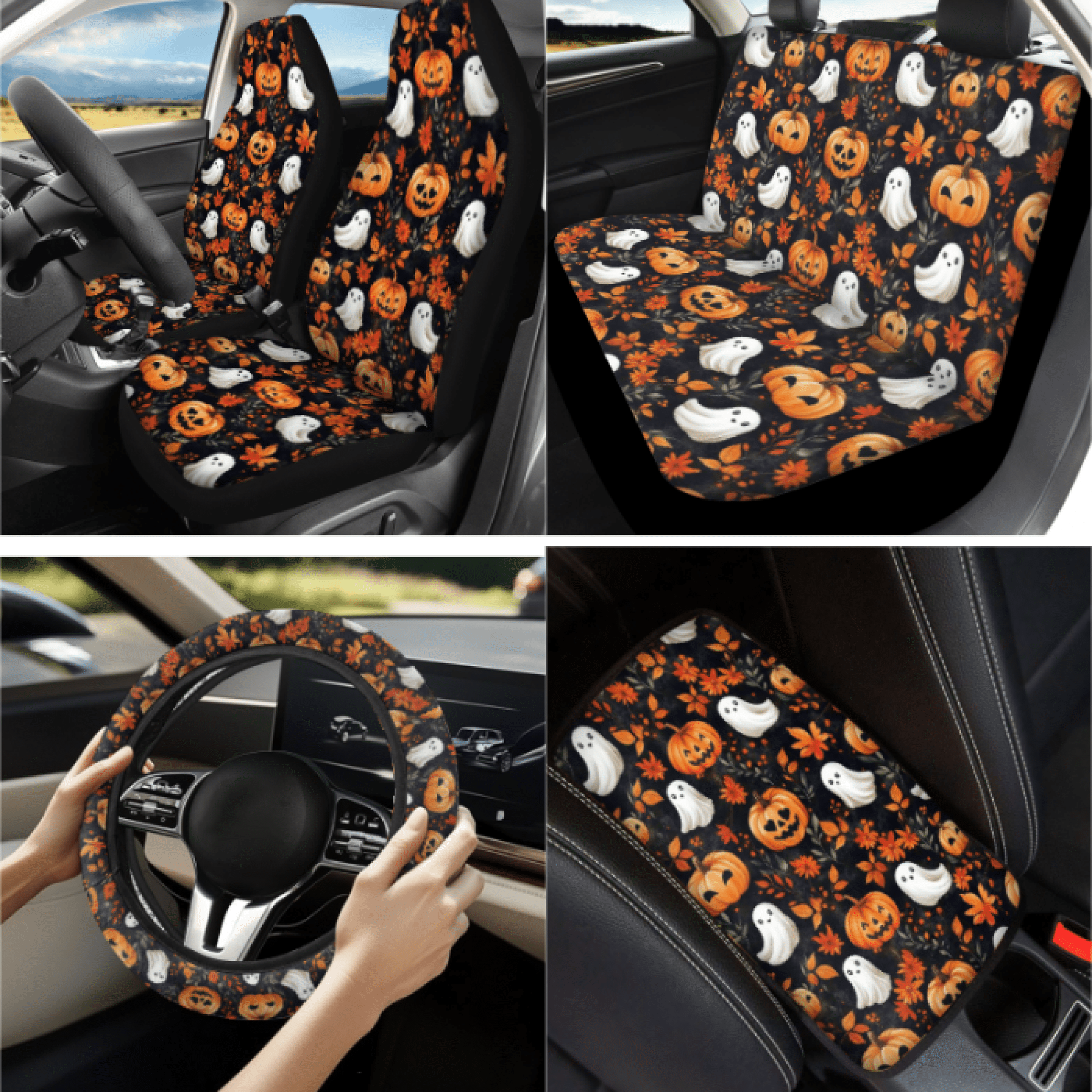 Binienty Set of 13 Ghost Pumpkin Pattern Car Seat Cover Set, Includes Car Armrest Pad Interior Accessories Car Seat Covers Full Set, Suitable for vehicless