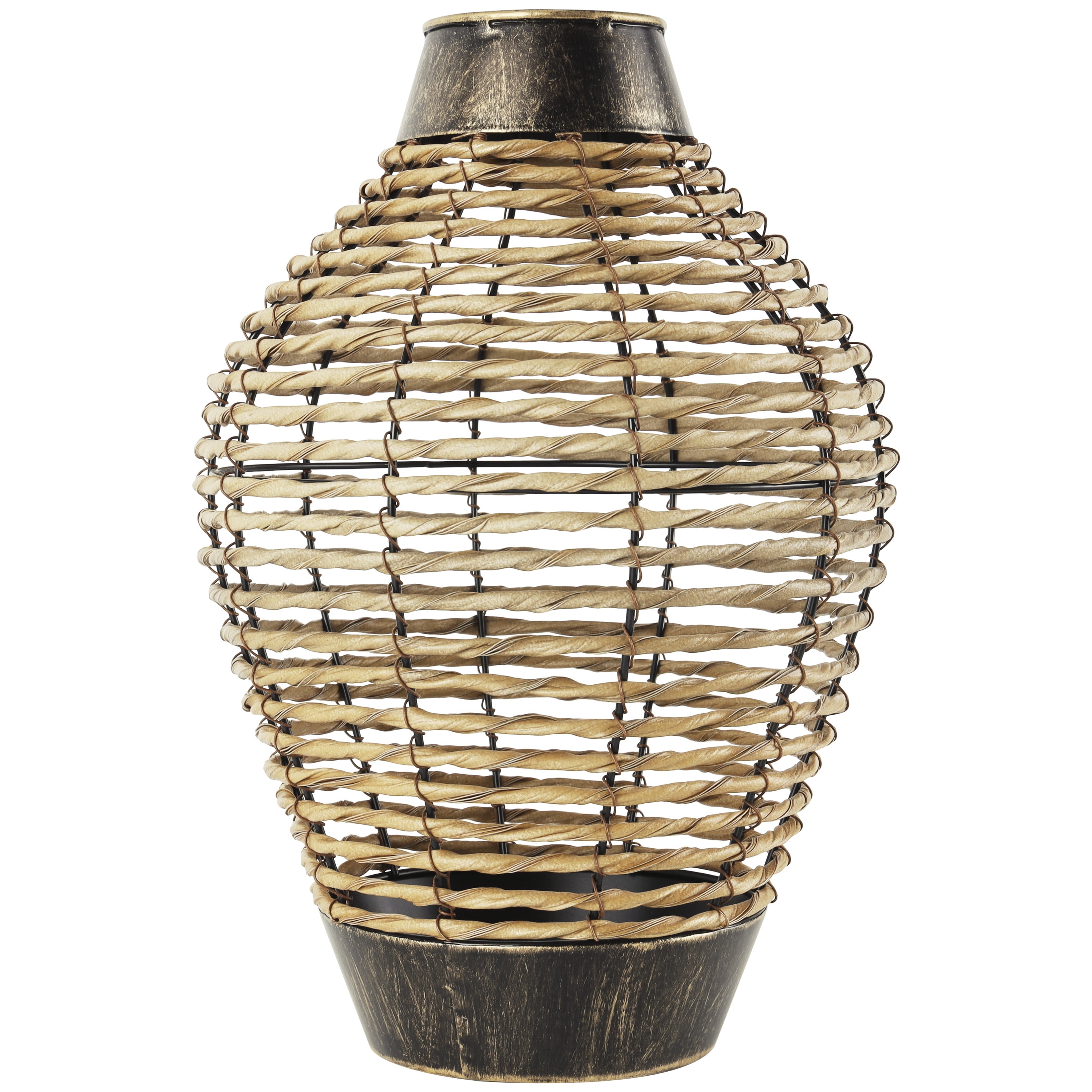 DecMode 16" Handmade Twisted Bronze Plastic Rattan Vase with Open Frame Design and Bronze Metal Details