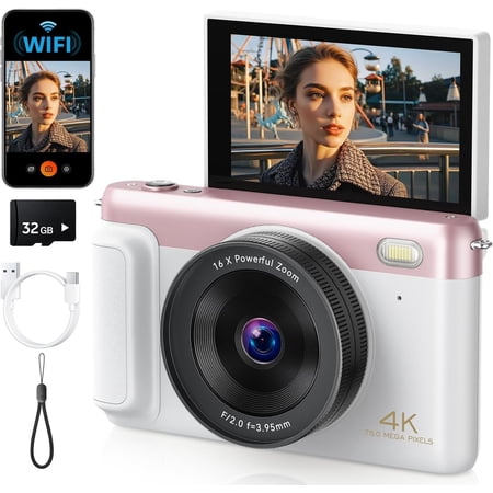 4K Digital Camera for Photography, 75MP WiFi Vlogging Camera for YouTube, 3'' 180? Flip Screen, Anti Shake Auto Focus 16X Zoom, 2500 mAh , Point and Shoot Cameras for Beginner, 32GB,