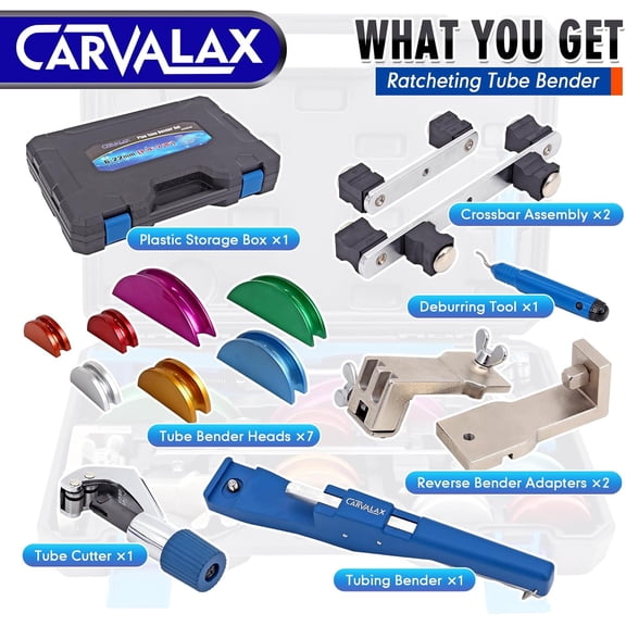 90 °   Ratcheting Tube Bender Kit - 7 Color-Coded Aluminum Heads for 1/4" to 7/8" Pipes, Reverse-Bend Adapters & Portable Toolbox, Tube Cutter & Deburring for HVAC/Hydraulic Projects (Blue）