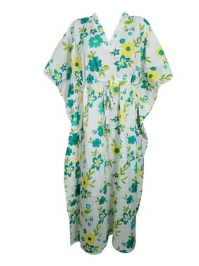 Mogul Womens White Floral Caftan V-Neckline Cotton Printed Kimono Sleeves Cover Up Maxi Dress Kaftan One Size